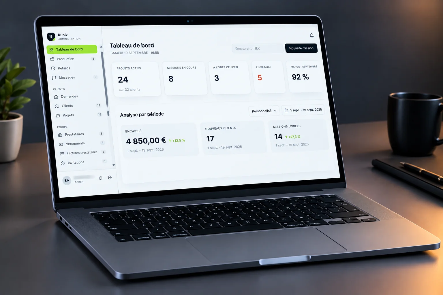 Tableau de bord Runix : projets actifs, missions en retard, marge et encaissements de l'agence